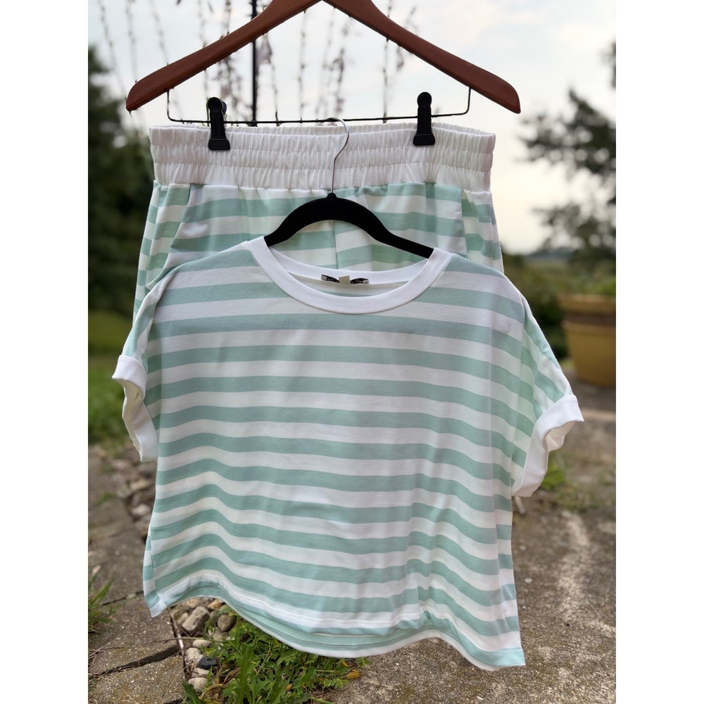 Hyfve Mint Green White Striped Two Piece Short Set Lounge Crop Top -SET M